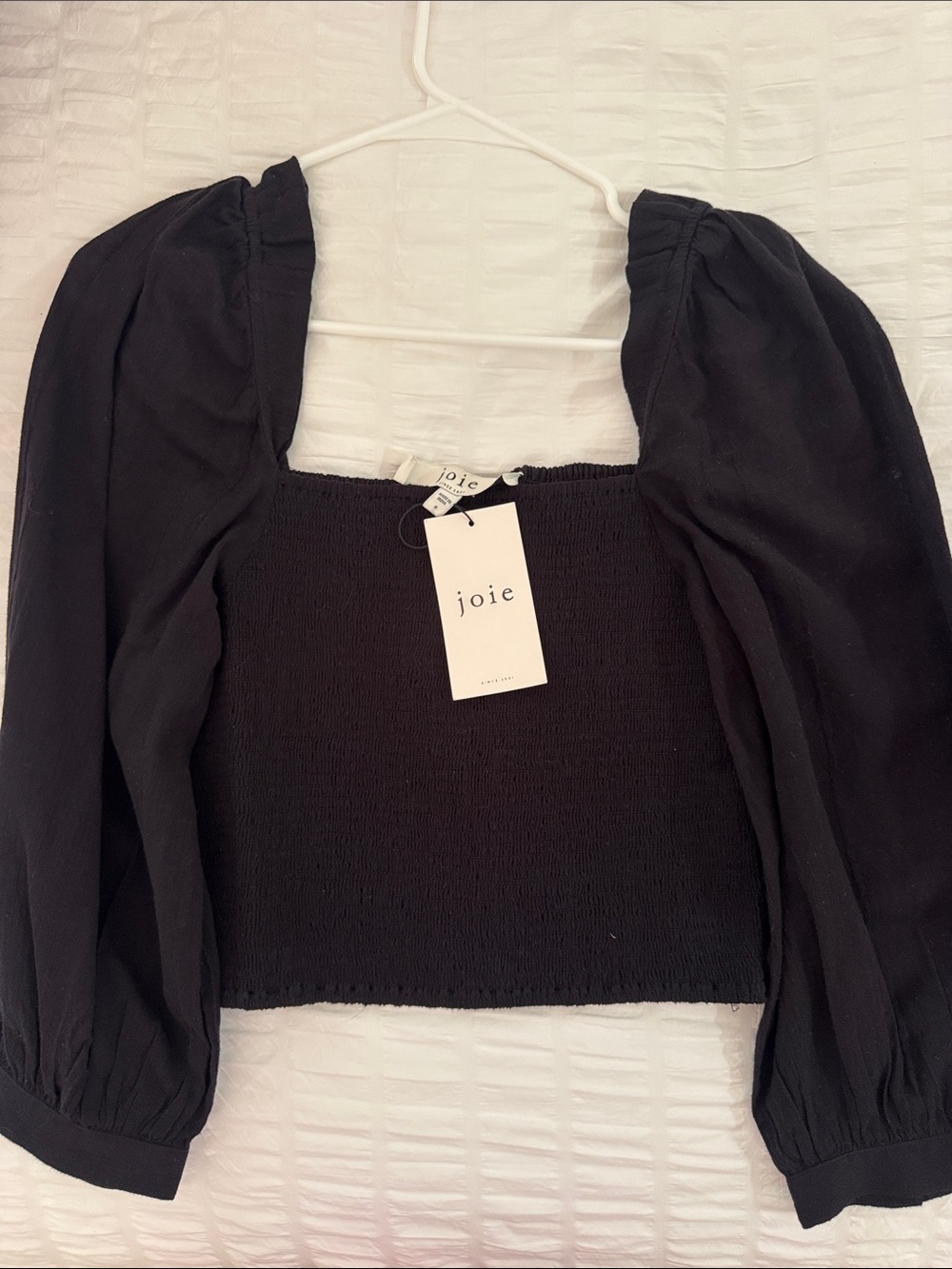 Joie Black Smocked Square Bodice Puff-Sleeve Crop Top